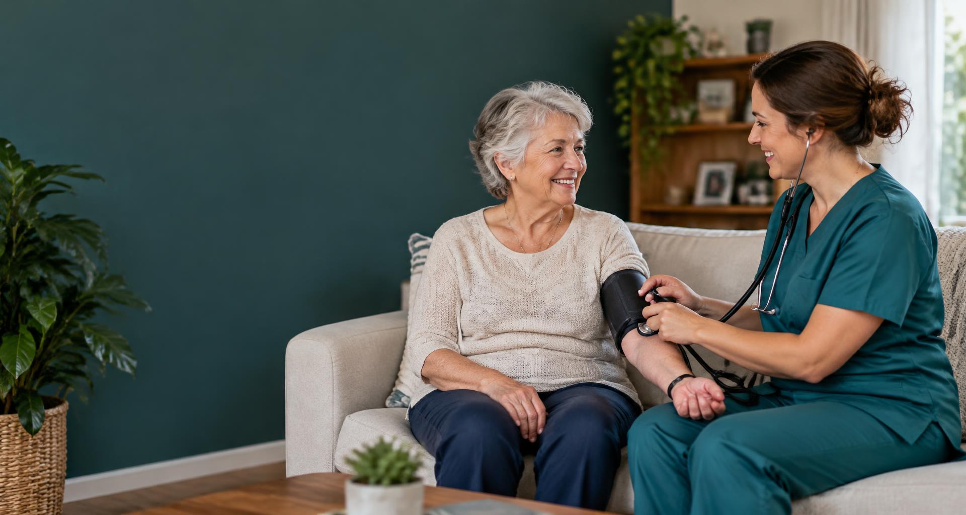 Une infirmière accompagne une aînée à domicile